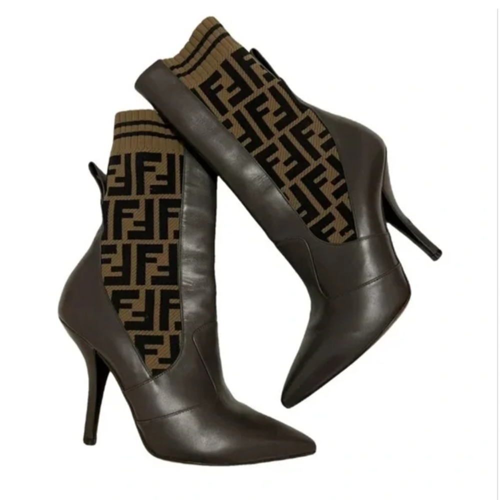 Fendi Rockoko FF Logo Signature Monogram Brown Leather Zucca Boots Size EU 38.5